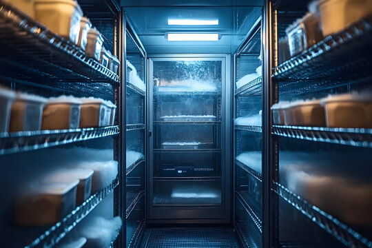 Industrial walk-in freezer interior, frost-covered shelves.