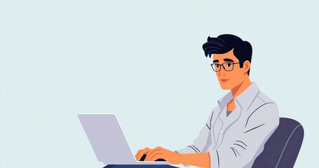Illustrated businessman wearing glasses and a light-colored shirt working on a laptop in a clean, minimalistic workspace.

