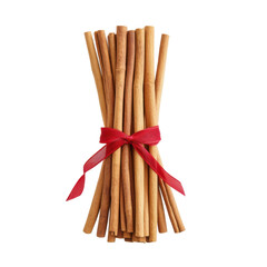 Bundle of cinnamon sticks tied with red ribbon on transparent background isolated png