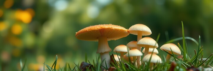 Colorful mushrooms growing in a vibrant green meadow during a sunny day