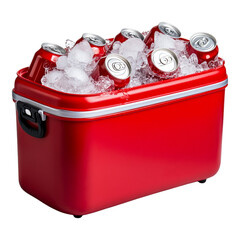 Red Cooler Filled with Ice and Soda - Ideal for Summer Picnics and Outdoor Parties