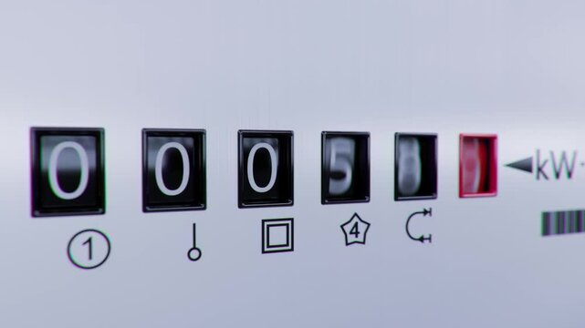 Close-up view of electrometer measuring electricity consumption. Animation with kWh counter. Electric meter display changing numbers. Concept of rising costs of electric power. Home power supply.