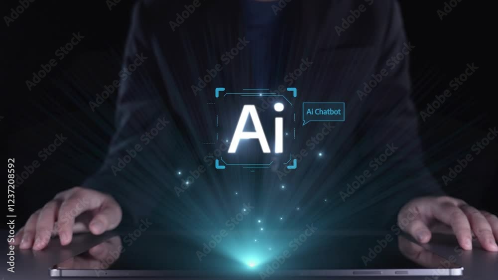 Poster human interact with ai artificial intelligence virtual assistant chatbot in concept of ai artificial