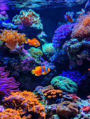 Obraz premium A vibrant underwater scene featuring colorful coral reefs, various species of fish including clownfish, and anemones, showcasing the diversity and beauty of marine life.
