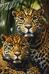 Obraz premium A close-up of two jaguars, likely a mother and cub, showcasing their distinctive spotted fur patterns.