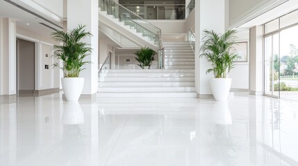 Fototapeta premium Modern building lobby, grand staircase, plants, bright interior