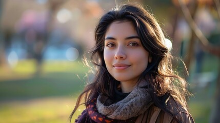 Obraz premium A serene portrait of a young woman outdoors, smiling softly, with long hair and a scarf, capturing a warm and inviting moment in nature.