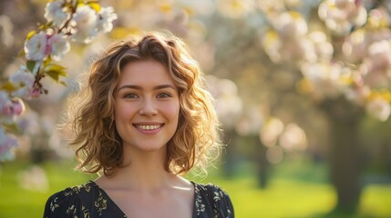 A joyful young woman smiling amidst blooming cherry blossoms in a sunny park, radiating happiness and natural beauty.