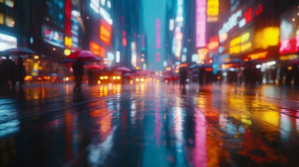 Fototapeta premium A vibrant city street reflecting lights in the rain, with umbrellas and neon signs creating a colorful night scene.