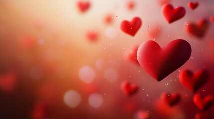 Obraz premium Beautiful floating red hearts in a warm, soft background create a romantic atmosphere, perfect for love-themed projects and designs.