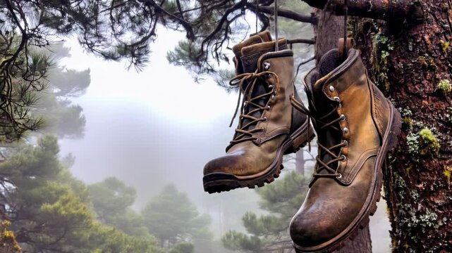 Worn hiking boots hanging from a tree branch in a misty forest, showcasing nature's tranquility