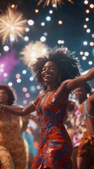 Joyful celebration scene with diverse people dancing under colorful fireworks. Vivid colors and festive atmosphere create a lively mood.