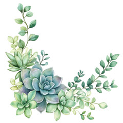 Watercolor succulent and greenery corner arrangement with various leaves and plants isolated png