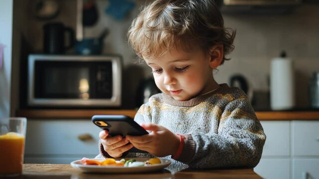 Toddler boy looking using and touch mobile phone screen on kitchen breakfast. Baby use mobile phone. Too much screen time. Internet addiction.