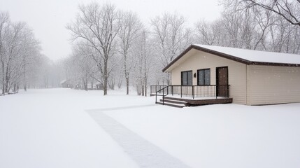 Naklejka premium Snowy cabin winter wonderland retreat, walkway, forest background