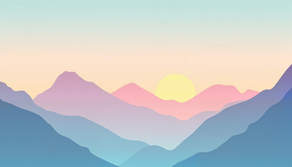 Minimalist mountains with rising sun in pastel hues, serenity concept