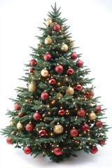 Colorful Christmas tree with gold, red and silver ornaments glowing in the light.
