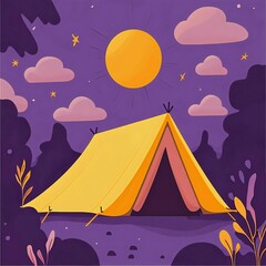A cozy, illustrated camping scene featuring a bright yellow tent under a vibrant sun and purple sky, surrounded by whimsical clouds and trees.