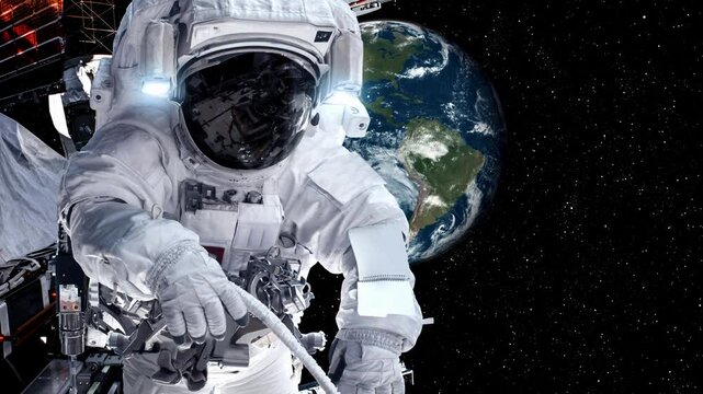 Astronaut spaceman do spacewalk while working for spaceflight mission at space station . Astronaut wear full spacesuit for operation . Elements of this image furnished by NASA space astronaut photos .