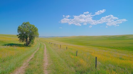 Obraz premium Lonely tree on grassy path, rolling hills, sunny day. Use travel, nature