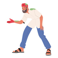 Happy man in traditional Indian headwear, spotted clothing showing painted palms enjoying Holi party