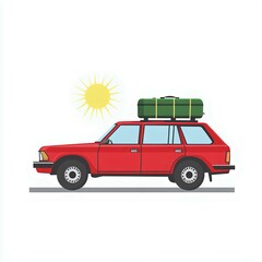 A vibrant red car with a green luggage on top, set against a sunny backdrop. Perfect for travel, adventure, and summer themes.