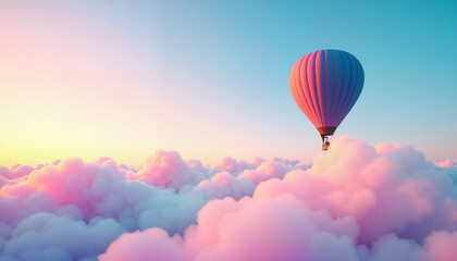 Obraz premium Hot air balloon floating above pastel clouds at sunrise, dreamlike adventure