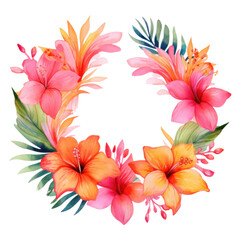 Vibrant tropical floral wreath with pink and orange hibiscus flowers isolated png