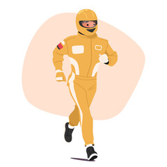 Go-cart driver cartoon character wearing uniform and protective helmet prepared for competition