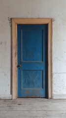 Blue door with peeling paint in an empty room showcasing vintage architectural details