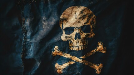 Traditional pirate flag featuring a skull and crossbones design against a dark background. Ideal for nautical themes and Halloween.