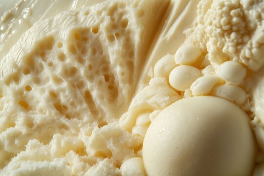 A close-up of a delicious creamy ice cream or gelato with visible fat globules and a smooth texture. Perfect for food lovers who enjoy indulging in rich dairy treats.