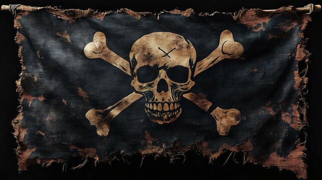 A weathered pirate flag featuring a skull and crossbones design, symbolizing danger and adventure on the high seas. Perfect for historical themes.