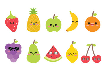 Set of hand drawn cute fruits element set with kawaii style. Funny fruit characters isolated on white background. Suitable for flat design  clip art, stickers, illustration, etc