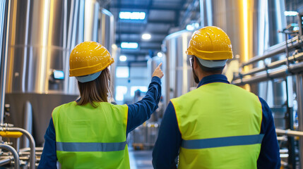 Diverse Team Inspecting Cider Production Process in Factory