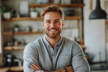 Fototapeta premium Professional man smiling in a modern office with greenery in the background