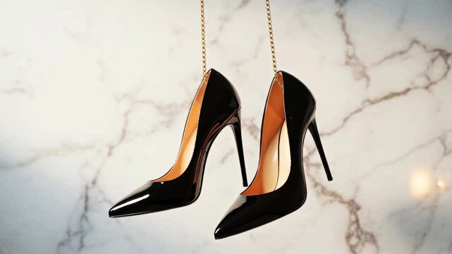 Elegant black high heels suspended against a marble background, showcasing fashion and style