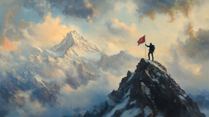 A mountaineer planting a flag at the summit, with the entire landscape below symbolizing the achievement of conquering the mountain (3)