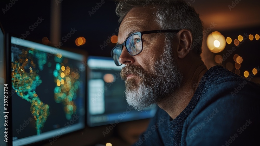 Poster technical controller working at his workstation with multiple displays, showing various technical in
