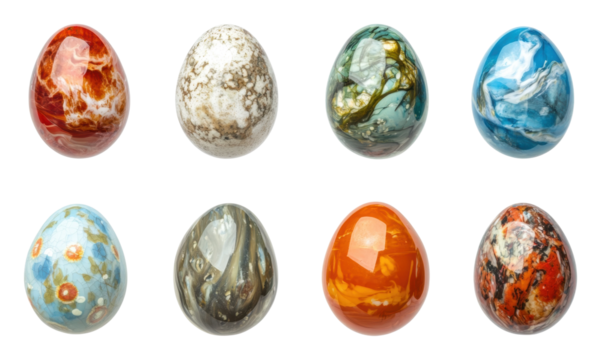Colorful eggs in a grid layout isolated on transparent background