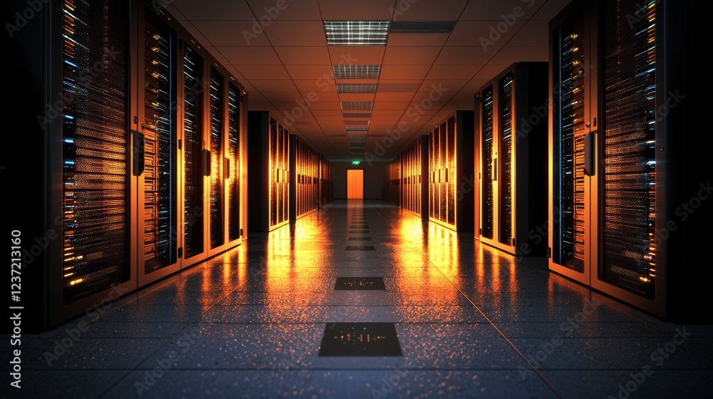 Aufkleber a depiction of a working data center with racks of servers linked by ethernet connections, illustrat