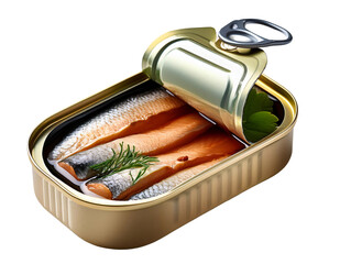 Opened Can of Sardines: Three glistening sardines, nestled in oil with a sprig of dill, are revealed in an opened gold can, ready to be enjoyed. The can's easy-open lid is slightly ajar.