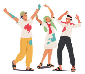 Happy excited teenage guys cartoon character celebrating Holi festival traditional Indian party