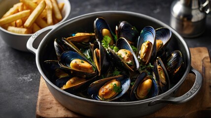 Fototapeta premium Rustic Pan of Steamed Mussels with Garlic Herb Butter Sauce and Golden Fries