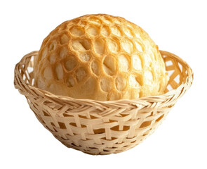 Delicious round bread in a woven basket isolated on transparent background
