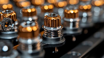 Close-up of precision metal parts, factory setting, bokeh background, industrial manufacturing