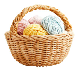 Obraz premium Colorful yarn balls in a woven basket isolated on transparent background