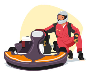 Go-cart racer in uniform and helmet posing nearby kart car preparing for road track entertainment