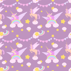 Vector cute seamless pattern with unicorns, rainbows and clouds.Seamless pattern in pastel colors.