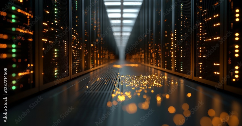 Poster cryptocurrency mining facilities in a secure server room with data center computer racks
